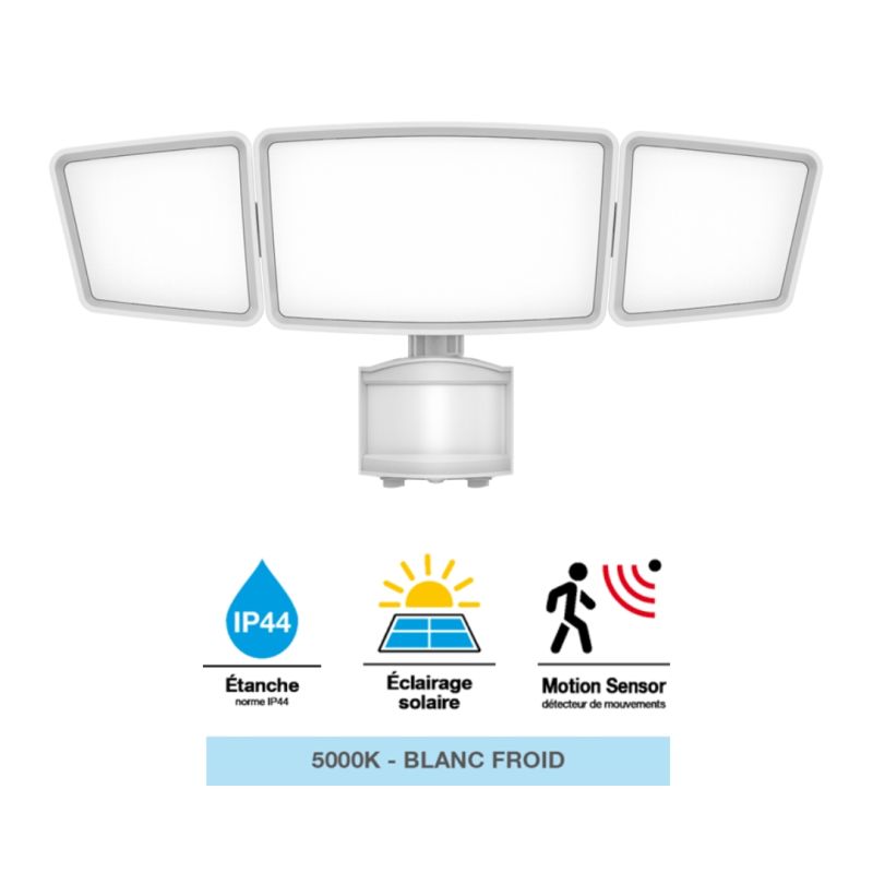 Projecteur mural solaire led 3 têtes blanc detecteur de mouvement IP44 1600 lumens 5000k blanc froid