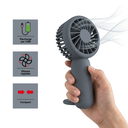 Mini ventilateur portable gris 3 vitesses reglables usb rechargeable fixation possible avec anneau d'accrochage autonomie 3h display 12 pcs