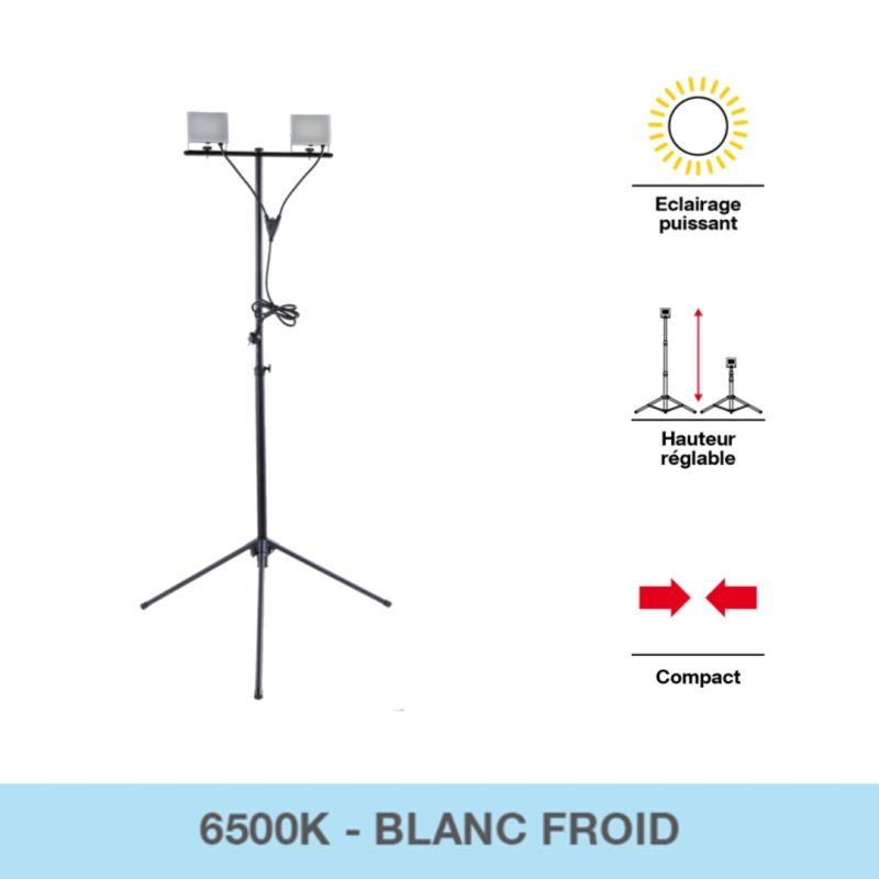 [PR30W2T] Projecteurs led de chantier filaire 2 x 30w trepied 2 têtes IP44 2 x 2500 lumens equivalence 230w 6500k blanc froid